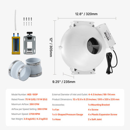 4 to 4.5 inch Radon Fan Installation Kit, Quiet 260CFM Radon Mitigation Fan System Kit with 2 Couplers, Pressure Indicator, Waterproof Inline Duct Fan Exhaust Fan for Indoor Outdoor Ventilation