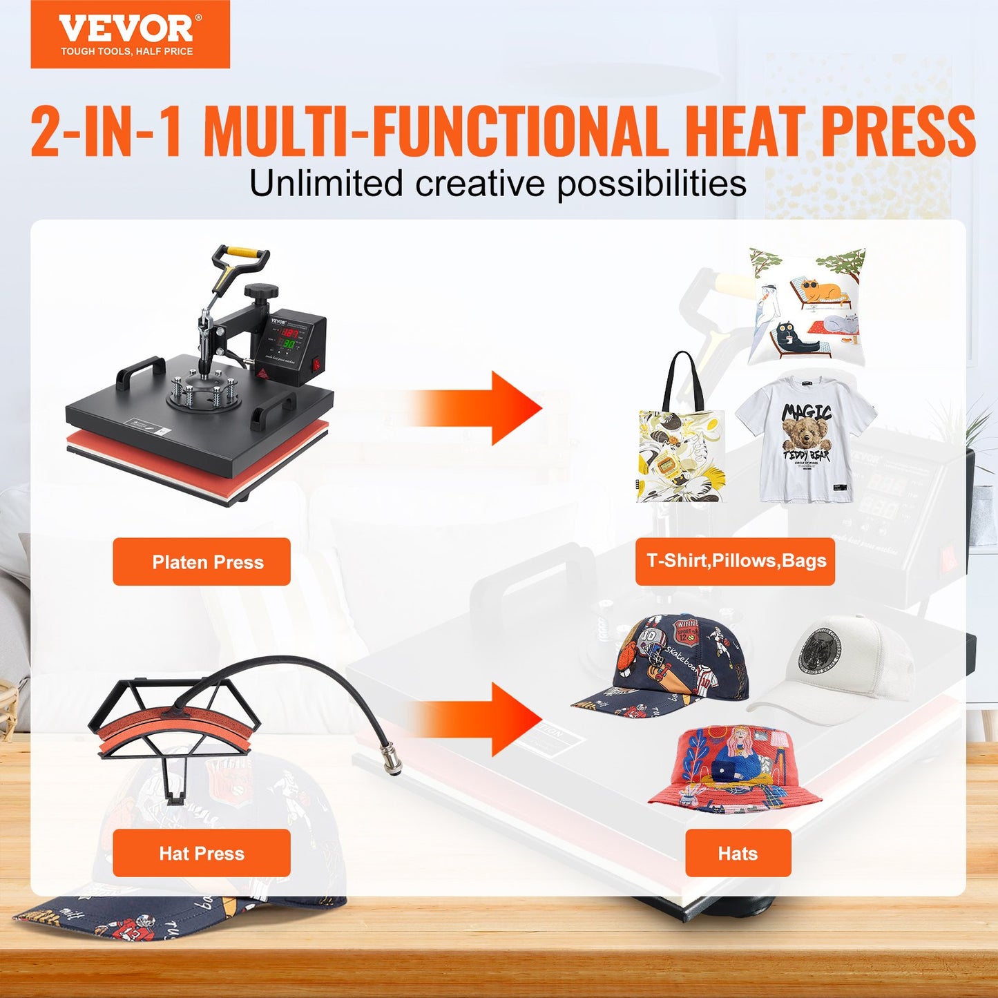 Heat Press Machine, 15x15inch / 38x38cm, 2IN1 Clamshell Sublimation Transfer Printer with Teflon Coating, Digital Precise Heat Control, Powerpress for T-shirts Hats Caps