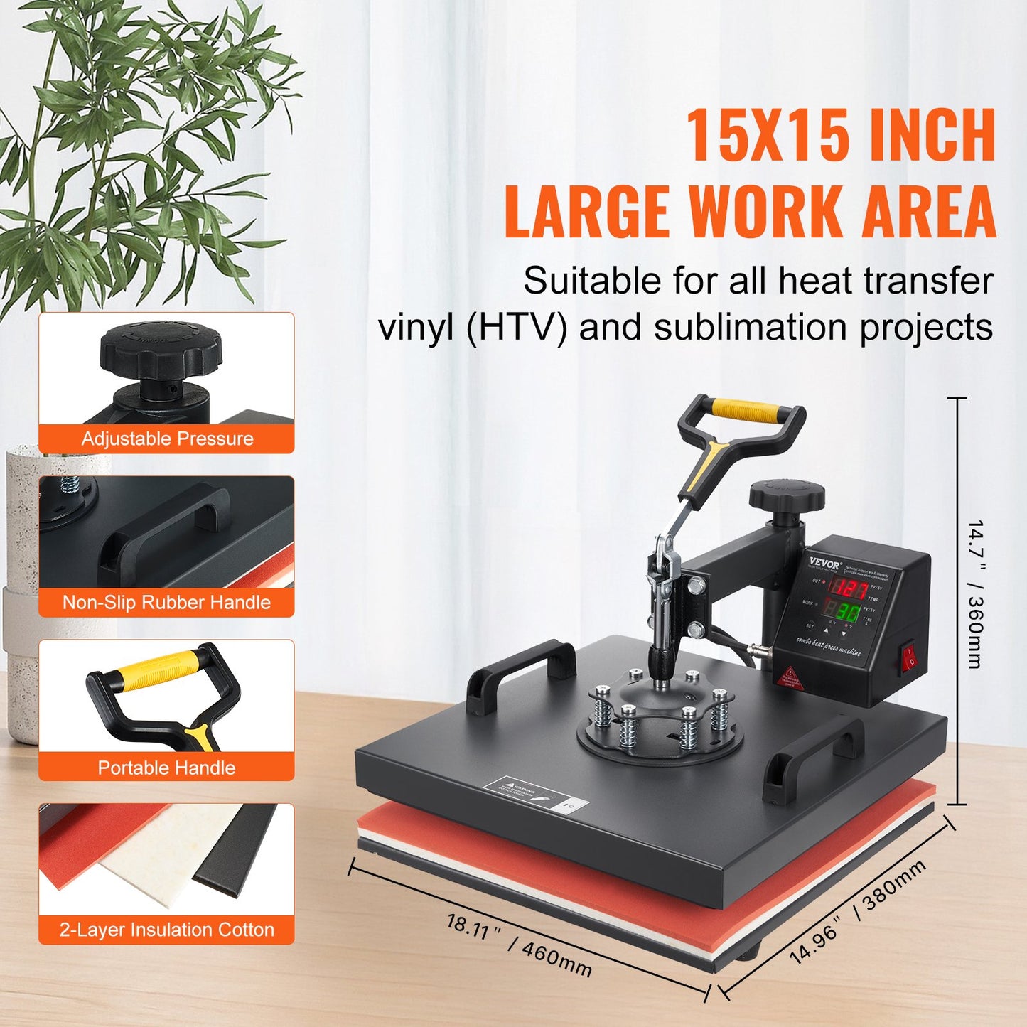 Heat Press Machine, 15x15inch / 38x38cm, 2IN1 Clamshell Sublimation Transfer Printer with Teflon Coating, Digital Precise Heat Control, Powerpress for T-shirts Hats Caps