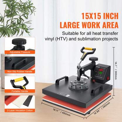 Heat Press Machine, 15x15inch / 38x38cm, 2IN1 Clamshell Sublimation Transfer Printer with Teflon Coating, Digital Precise Heat Control, Powerpress for T-shirts Hats Caps