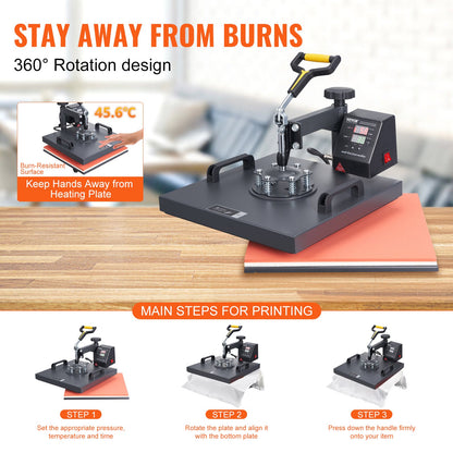 Heat Press Machine, 15x15inch / 38x38cm, 2IN1 Clamshell Sublimation Transfer Printer with Teflon Coating, Digital Precise Heat Control, Powerpress for T-shirts Hats Caps