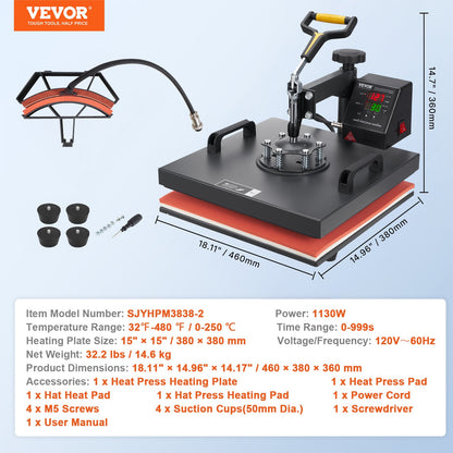 Heat Press Machine, 15x15inch / 38x38cm, 2IN1 Clamshell Sublimation Transfer Printer with Teflon Coating, Digital Precise Heat Control, Powerpress for T-shirts Hats Caps
