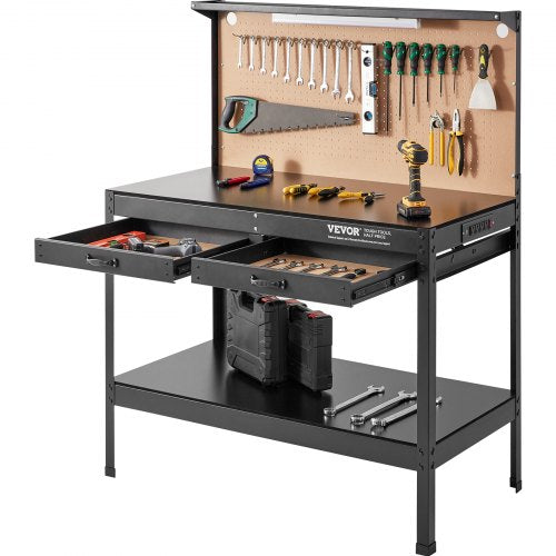 Workbench A3 Steel Work Bench For Garage max. 1500W Heavy Duty Workbench 220lbs Weight Capacity 0.47" Bench top Thickness Hardwood Workbench 1.5m Cable 4xAC outlets 2xUSB ports 30xHooks