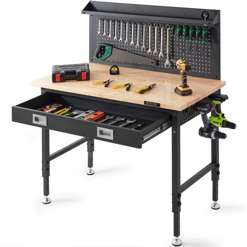 Workbench Adjustable Height 28-39.5" Work Bench For Garage Oak Plank & Carbon Steel Heavy Duty Workbench 2000lbs Weight Capacity Bench top Size 48x24" Hardwood Workbench 3m Cable 30 Hooks