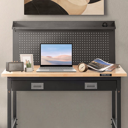 Werkbank, höhenverstellbar 71-100 cm (28-39,5 Zoll), für Garage, Eichenholz und Kohlenstoffstahl, robuste Werkbank, Tragkraft 907 kg (2000 lbs), Arbeitsfläche 122 x 61 cm (48 x 24 Zoll), Hartholz-Werkbank, 3 m Kabel, 30 Haken