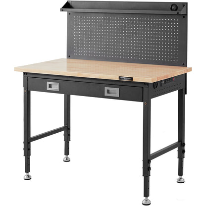 Werkbank, höhenverstellbar 71-100 cm (28-39,5 Zoll), für Garage, Eichenholz und Kohlenstoffstahl, robuste Werkbank, Tragkraft 907 kg (2000 lbs), Arbeitsfläche 122 x 61 cm (48 x 24 Zoll), Hartholz-Werkbank, 3 m Kabel, 30 Haken