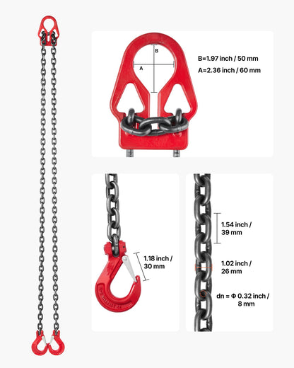 Chain Sling, 8mm x 3 m Lifting Chains with 2 Leg Grab Hooks, Heavy Duty G80 Alloy Steel Lifting Sling, 3.17 Ton Capacity, Adjustable Engine Chain Hoist Lifts for Cargo Security Towing
