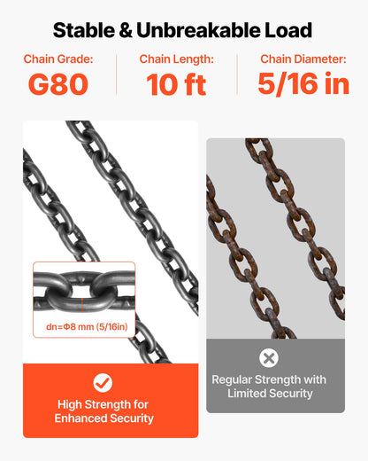 Chain Sling, 8mm x 3 m Lifting Chains with 2 Leg Grab Hooks, Heavy Duty G80 Alloy Steel Lifting Sling, 3.17 Ton Capacity, Adjustable Engine Chain Hoist Lifts for Cargo Security Towing