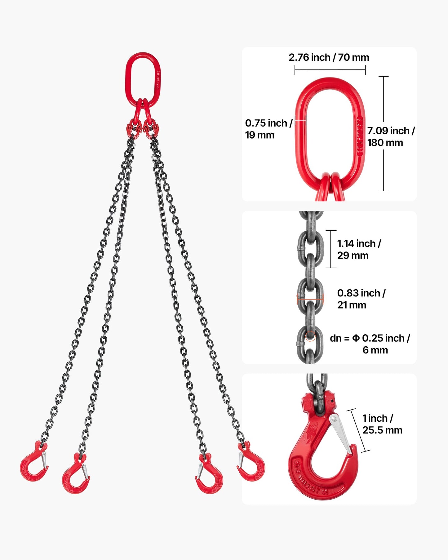 Chain Sling, 6.3mm x 1.5 m Lifting Chains with 4 Leg Grab Hooks,Heavy Duty G80 Alloy Steel Lifting Sling, 2993kg Capacity, Adjustable Engine Chain Hoist Lifts for Cargo Security Towing