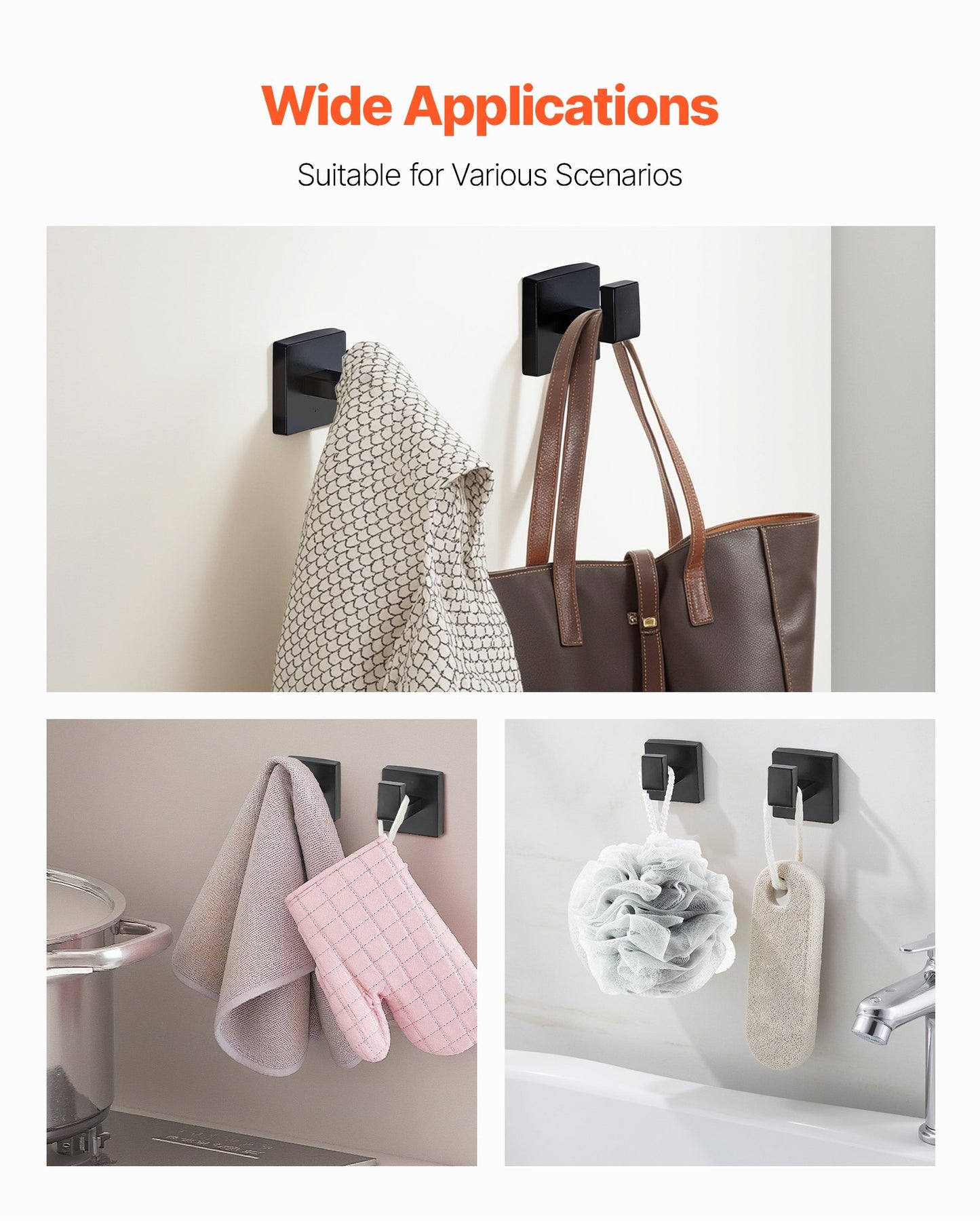 Matte Black Bathroom Hardware Set, 10-Piece Bathroom Accessories Set, 2 Stainless Steel 24-in Towel Bars, 2 Towel Racks, 4 Robe Towel Hooks, 2 Toilet Paper Holders for Bath Room, Wall Mounted