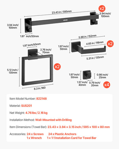 Matte Black Bathroom Hardware Set, 10-Piece Bathroom Accessories Set, 2 Stainless Steel 24-in Towel Bars, 2 Towel Racks, 4 Robe Towel Hooks, 2 Toilet Paper Holders for Bath Room, Wall Mounted