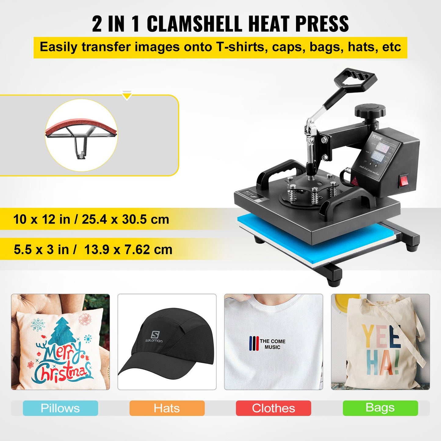 Heat Press Machine, 10x12inch / 25x30cm, 2IN1 Clamshell Sublimation Transfer Printer with Teflon Coated, Digital Precise Heat Control, Powerpress for T-Shirt Hat Cap