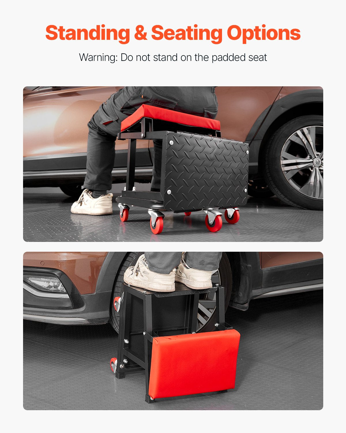 Mechanic Stool, 300 lbs Capacity Garage Seat/Work Stool with Wheels, 360° Swivel Rolling Workshop Stool with Tool Tray, Mechanics Creeper Seat/Step Stool, for Garage, Shop & Auto Repair, Black