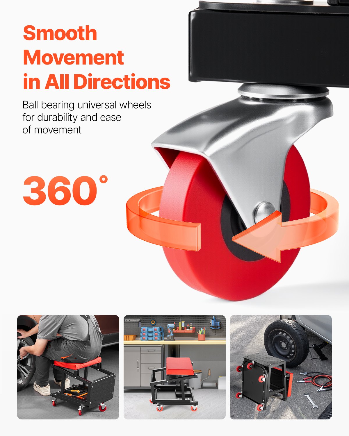 Mechanic Stool, 300 lbs Capacity Garage Seat/Work Stool with Wheels, 360° Swivel Rolling Workshop Stool with Tool Tray, Mechanics Creeper Seat/Step Stool, for Garage, Shop & Auto Repair, Black