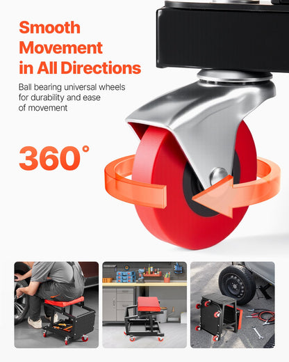 Mechanic Stool, 300 lbs Capacity Garage Seat/Work Stool with Wheels, 360° Swivel Rolling Workshop Stool with Tool Tray, Mechanics Creeper Seat/Step Stool, for Garage, Shop & Auto Repair, Black