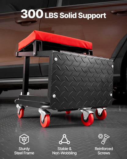 Mechanic Stool, 300 lbs Capacity Garage Seat/Work Stool with Wheels, 360° Swivel Rolling Workshop Stool with Tool Tray, Mechanics Creeper Seat/Step Stool, for Garage, Shop & Auto Repair, Black
