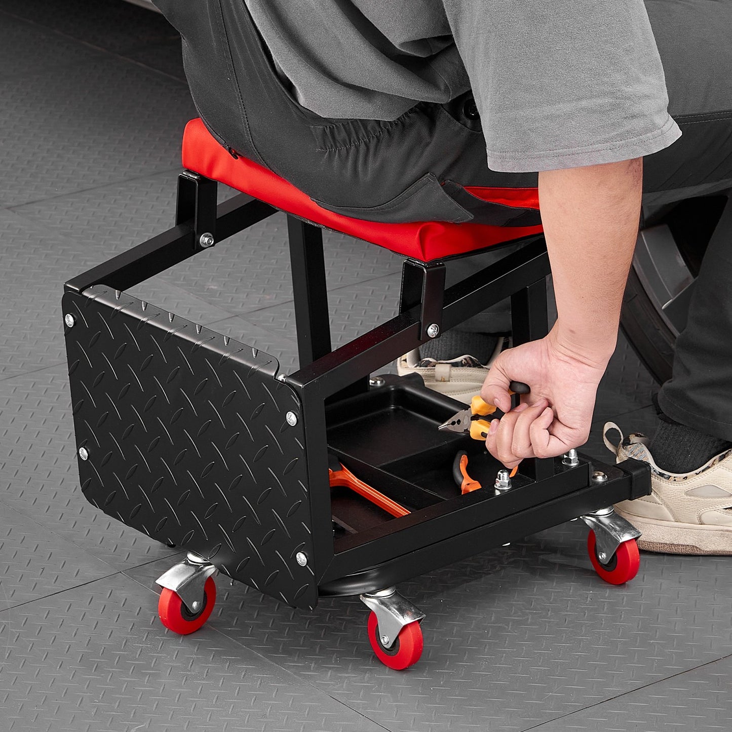 Mechanic Stool, 300 lbs Capacity Garage Seat/Work Stool with Wheels, 360° Swivel Rolling Workshop Stool with Tool Tray, Mechanics Creeper Seat/Step Stool, for Garage, Shop & Auto Repair, Black