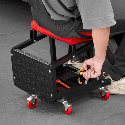 Mechanic Stool, 300 lbs Capacity Garage Seat/Work Stool with Wheels, 360° Swivel Rolling Workshop Stool with Tool Tray, Mechanics Creeper Seat/Step Stool, for Garage, Shop & Auto Repair, Black