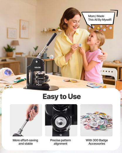 Buttonmaschine, 32/58/75 mm, 3-in-1, Anstecknadelmaschine mit 300 Buttonrohlingen, Kreisschneider und Zauberbuch, verstärkter ergonomischer Griff, für selbstgemachte Anstecknadeln und personalisierte Pins, Schwarz