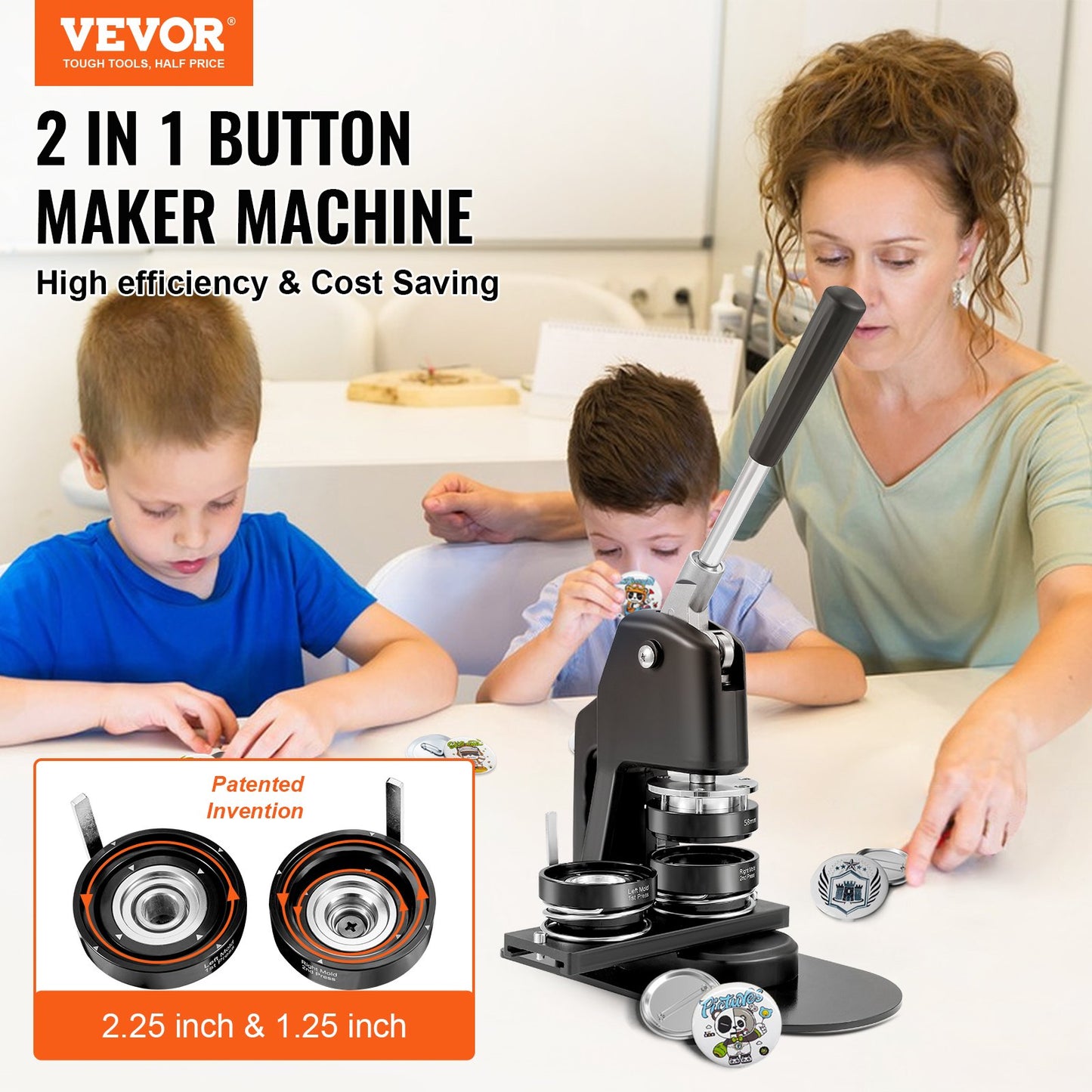 Button Maker Machine, Multiple Sizes 1.25+2.25 Inch Badge Punch Press Kit, Children DIY Gifts Pin Maker, Button Making Supplies with 500pcs Button Parts & Circle Cutter & Magic Book