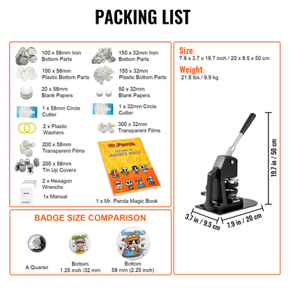 Button Maker Machine, Multiple Sizes 1.25+2.25 Inch Badge Punch Press Kit, Children DIY Gifts Pin Maker, Button Making Supplies with 500pcs Button Parts & Circle Cutter & Magic Book