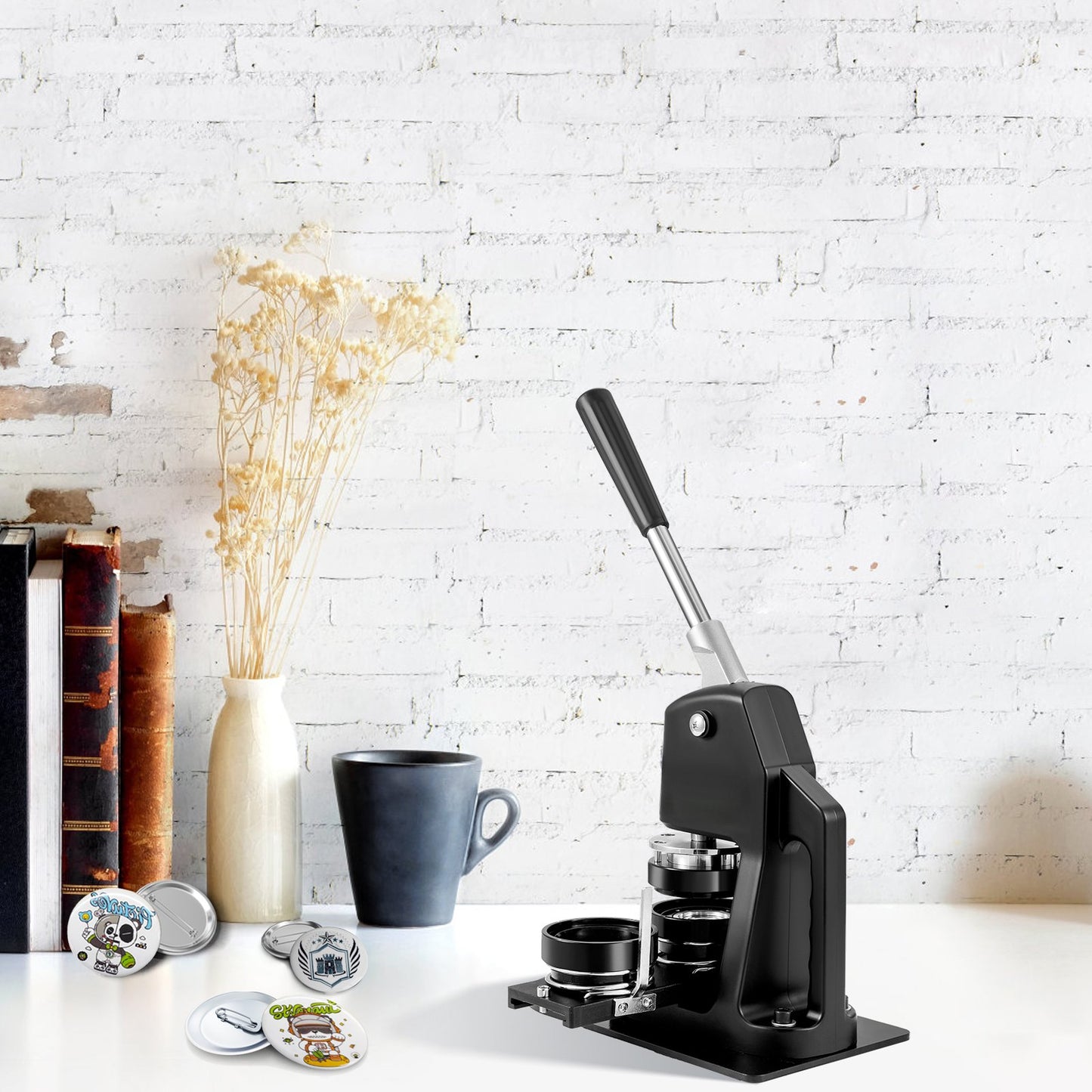 Buttonmaschine, Stanzpresse für verschiedene Größen (1+2,25 Zoll), Anstecknadel-Set, Bastelset für Kinder, Zubehör für die Buttonherstellung mit 500 Buttonteilen, Kreisschneider und Zauberbuch