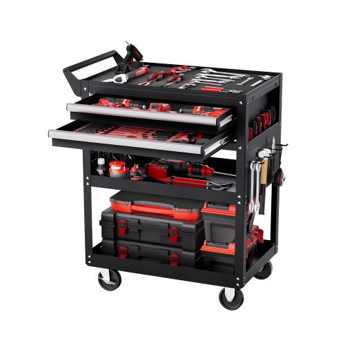 5-stufiger Werkzeugwagen mit Rollen, 181 kg Tragkraft, rollbarer Werkstattwagen mit 2 Schubladen und Lochwand, Werkzeugaufbewahrung mit abschließbarem System für Garage, Lager und Werkstatt, Schwarz