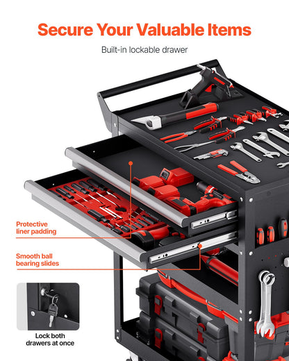 5-Tier Tool Cart with Wheels, 400 lbs Load Capacity, Rolling Work Cart with 2 Drawers & Pegboard, Mechanic Tool Storage Organizer with Locking System for Garage, Warehouse and Repair Shop, Black