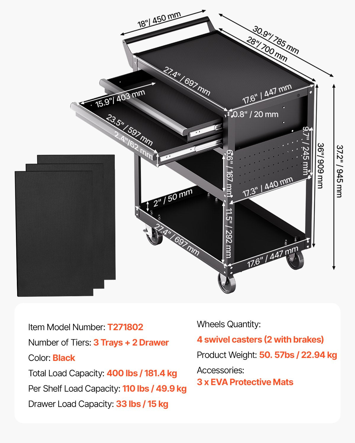 5-Tier Tool Cart with Wheels, 400 lbs Load Capacity, Rolling Work Cart with 2 Drawers & Pegboard, Mechanic Tool Storage Organizer with Locking System for Garage, Warehouse and Repair Shop, Black