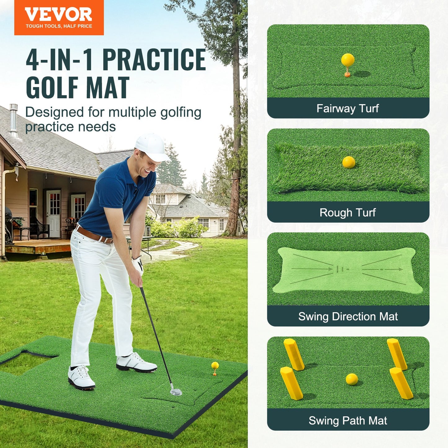 4 IN 1 Golf Hitting Mat, 5x4ft Artificial Turf Golf Hitting Mat, Thickened Golf Aids Includes 4 Interchangeable Inserts, Golf Practice Mat for Backyard Driving Chipping Indoor Outdoor Training