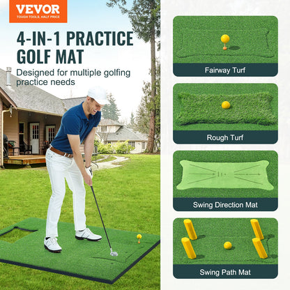 4 IN 1 Golf Hitting Mat, 5x4ft Artificial Turf Golf Hitting Mat, Thickened Golf Aids Includes 4 Interchangeable Inserts, Golf Practice Mat for Backyard Driving Chipping Indoor Outdoor Training