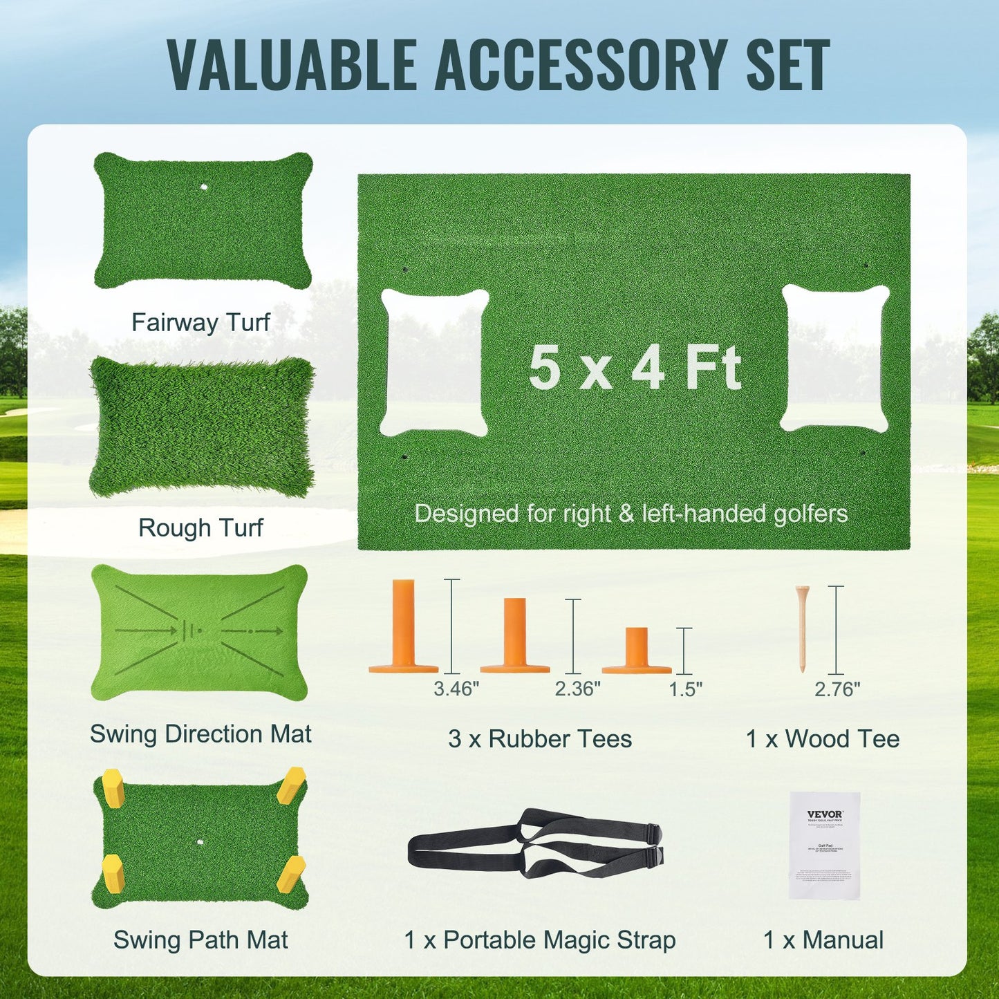 4 IN 1 Golf Hitting Mat, 5x4ft Artificial Turf Golf Hitting Mat, Thickened Golf Aids Includes 4 Interchangeable Inserts, Golf Practice Mat for Backyard Driving Chipping Indoor Outdoor Training