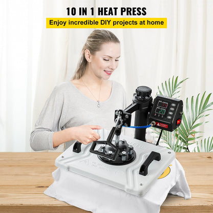 Heat Press 30.5x38.1 cm 10 In 1 Heat Press 1000W Heat Press Machine with 360° Rotation Swing Away White Heat Press T-Shirt Sublimation Machine Dual-tube Heating for DIY Pens Caps Mugs and Shirts