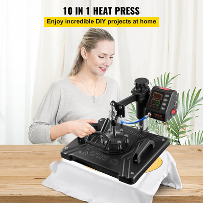 Heat Press 30.5x38.1 cm 10 In 1 Heat Press 1000W Heat Press Machine with 360°Rotation Swing Away Black 10 In 1 T-Shirt Sublimation Machine Dual-tube Heating for DIY Pens Caps Mugs and Shirts