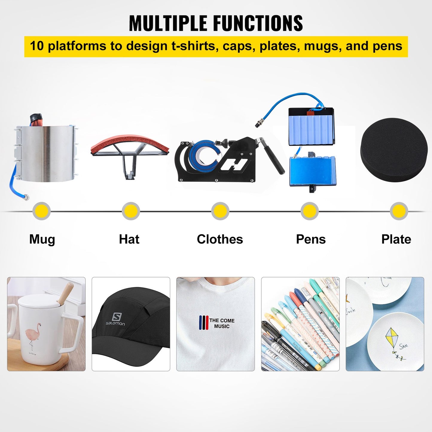 Heat Press 30.5x38.1 cm 10 In 1 Heat Press 1000W Heat Press Machine with 360°Rotation Swing Away Black 10 In 1 T-Shirt Sublimation Machine Dual-tube Heating for DIY Pens Caps Mugs and Shirts
