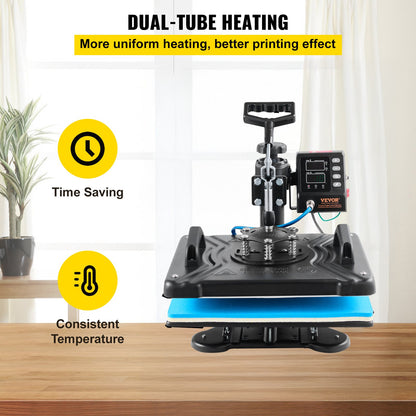 Heat Press 30.5x38.1 cm 10 In 1 Heat Press 1000W Heat Press Machine with 360°Rotation Swing Away Black 10 In 1 T-Shirt Sublimation Machine Dual-tube Heating for DIY Pens Caps Mugs and Shirts