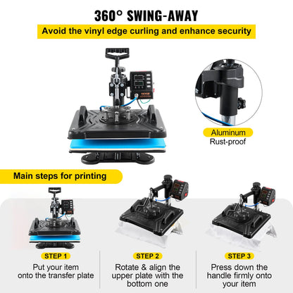 Heat Press 30.5x38.1 cm 10 In 1 Heat Press 1000W Heat Press Machine with 360°Rotation Swing Away Black 10 In 1 T-Shirt Sublimation Machine Dual-tube Heating for DIY Pens Caps Mugs and Shirts