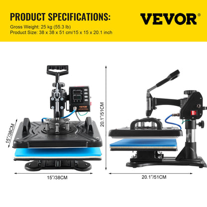 Heat Press 30.5x38.1 cm 10 In 1 Heat Press 1000W Heat Press Machine with 360°Rotation Swing Away Black 10 In 1 T-Shirt Sublimation Machine Dual-tube Heating for DIY Pens Caps Mugs and Shirts