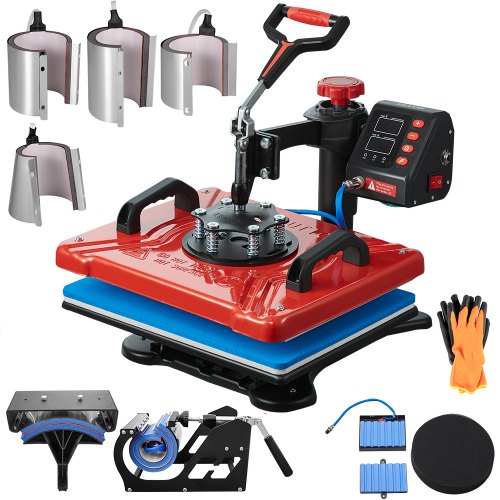 Heat Press 30.5x38.1 cm 10 In 1 Heat Press 1000W Heat Press Machine with 360° Rotation Swing Away Red Heat Press T-Shirt Sublimation Machine Dual-tube Heating for DIY Pens Caps Mugs and Shirts