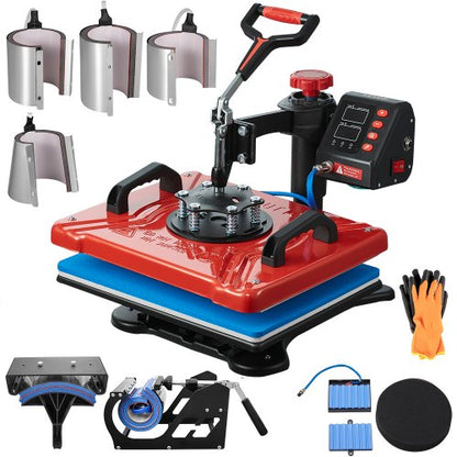 Heat Press 30.5x38.1 cm 10 In 1 Heat Press 1000W Heat Press Machine with 360° Rotation Swing Away Red Heat Press T-Shirt Sublimation Machine Dual-tube Heating for DIY Pens Caps Mugs and Shirts
