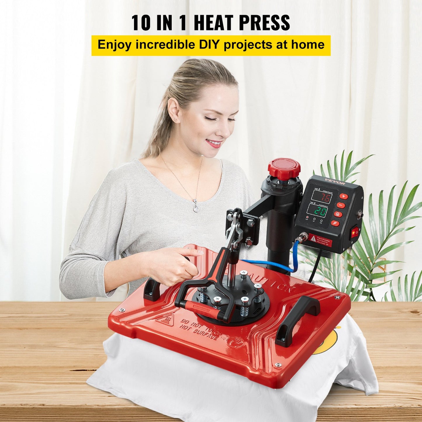 Heat Press 30.5x38.1 cm 10 In 1 Heat Press 1000W Heat Press Machine with 360° Rotation Swing Away Red Heat Press T-Shirt Sublimation Machine Dual-tube Heating for DIY Pens Caps Mugs and Shirts
