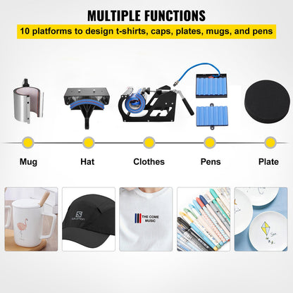 Heat Press 30.5x38.1 cm 10 In 1 Heat Press 1000W Heat Press Machine with 360° Rotation Swing Away Red Heat Press T-Shirt Sublimation Machine Dual-tube Heating for DIY Pens Caps Mugs and Shirts