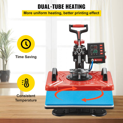 Heat Press 30.5x38.1 cm 10 In 1 Heat Press 1000W Heat Press Machine with 360° Rotation Swing Away Red Heat Press T-Shirt Sublimation Machine Dual-tube Heating for DIY Pens Caps Mugs and Shirts