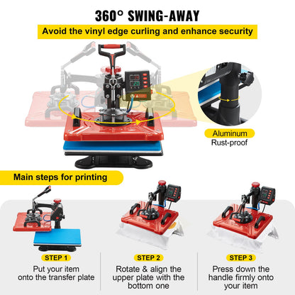 Heat Press 30.5x38.1 cm 10 In 1 Heat Press 1000W Heat Press Machine with 360° Rotation Swing Away Red Heat Press T-Shirt Sublimation Machine Dual-tube Heating for DIY Pens Caps Mugs and Shirts