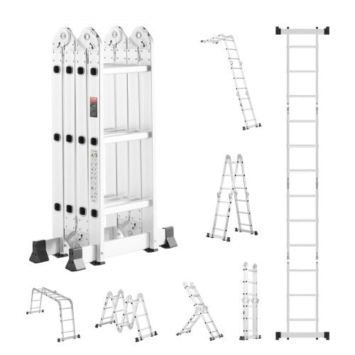 Multi-Purpose Folding Ladder, 7-in-1 Tall Step Ladder, A Frame 3 Step Adjustable Telescoping Ladder, 12ft Reach Height Heavy Duty Extension Ladder, 330 lbs Capacity for Household Outdoor Work