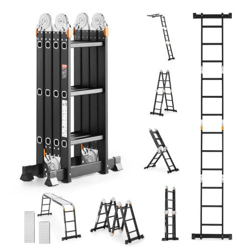 Multi-Purpose Folding Ladder, 7-in-1 Tall Extension Step Ladder, A Frame 3 Step with Scaffolding Plank Telescoping Ladder, 12ft Reach Height Heavy Duty Ladder, 330 lbs Capacity for Home Outdoor