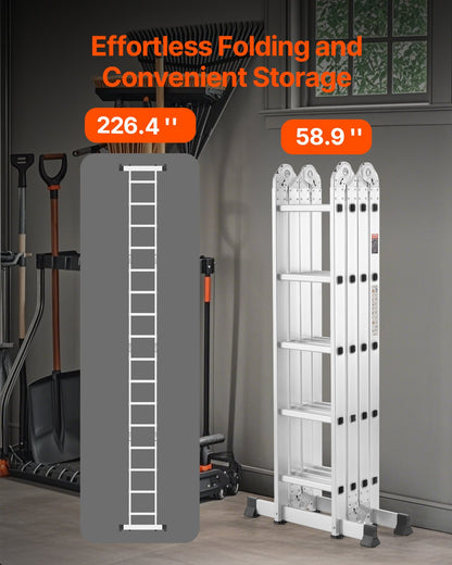 Multi-Purpose Folding Ladder, 7-in-1 Tall Extension Step Ladder, A Frame 5 Step Telescoping Ladder, 19ft Reach Height Heavy Duty Adjustable Ladder, 330 lbs Capacity for Home Outdoor Metal