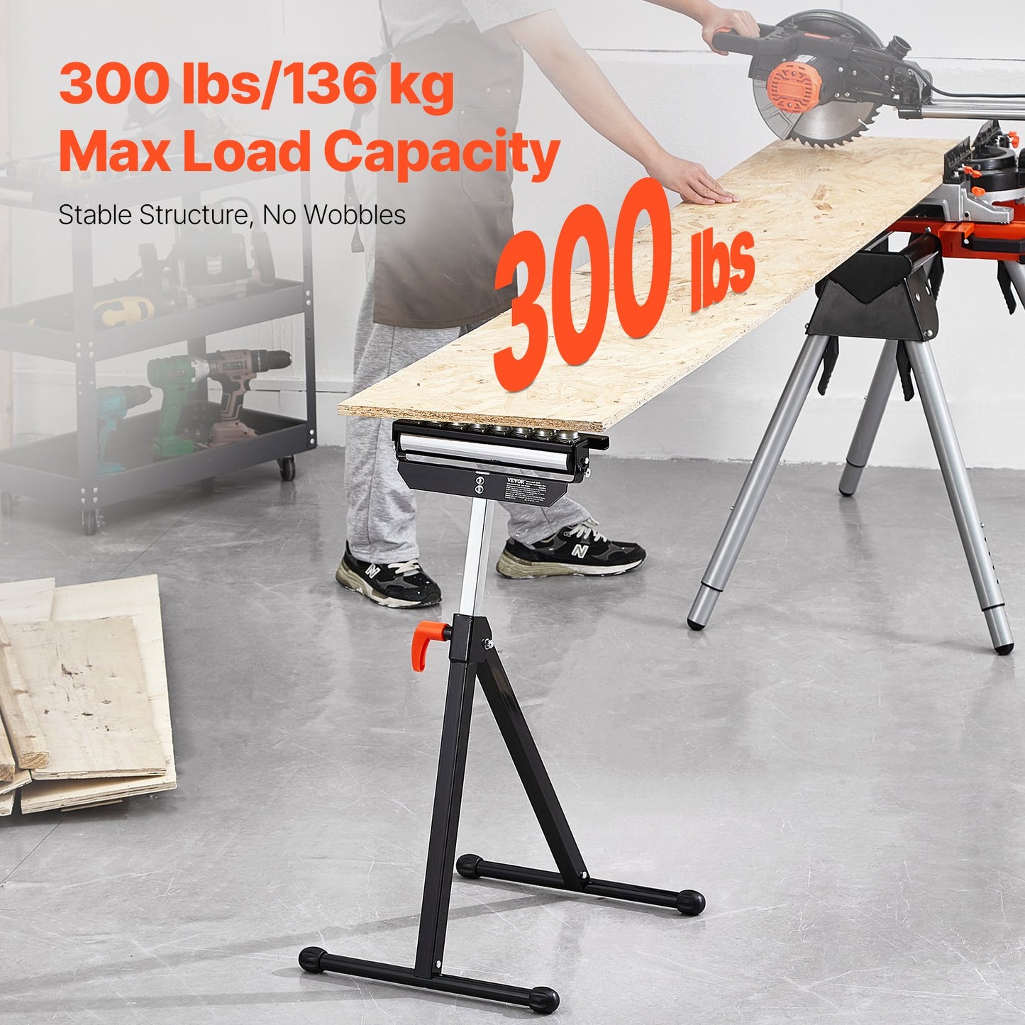 Roller Stand, 136 kg(300 lb) Load Capacity, 68-108 cm(26.8-42.5 in) Adjustable Height, Folding Heavy Duty with 29.2 cm(11.5 inch) Polished Multi-directional Roller Head, for Table Saw Outfeed Woodworking Extension Support
