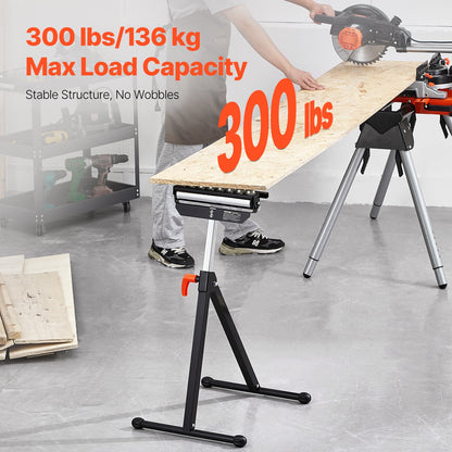 Roller Stand, 136 kg(300 lb) Load Capacity, 68-108 cm(26.8-42.5 in) Adjustable Height, Folding Heavy Duty with 29.2 cm(11.5 inch) Polished Multi-directional Roller Head, for Table Saw Outfeed Woodworking Extension Support
