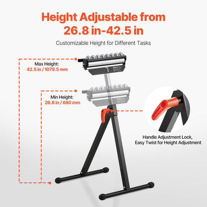 Roller Stand, 136 kg(300 lb) Load Capacity, 68-108 cm(26.8-42.5 in) Adjustable Height, Folding Heavy Duty with 29.2 cm(11.5 inch) Polished Multi-directional Roller Head, for Table Saw Outfeed Woodworking Extension Support